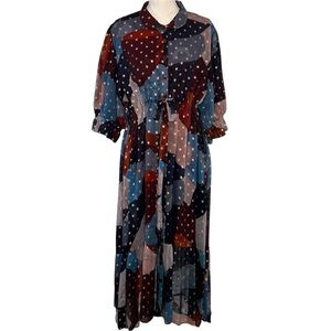 Holly Shae Rust Brown Blue Print Midi Shirt Dress 3/4 Sleeve Womens Size XL/XXL